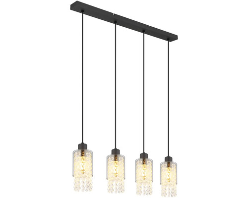 Štvorplameňové závesné svietidlo so sklenenými tienidlami a krištáľovými príveskami