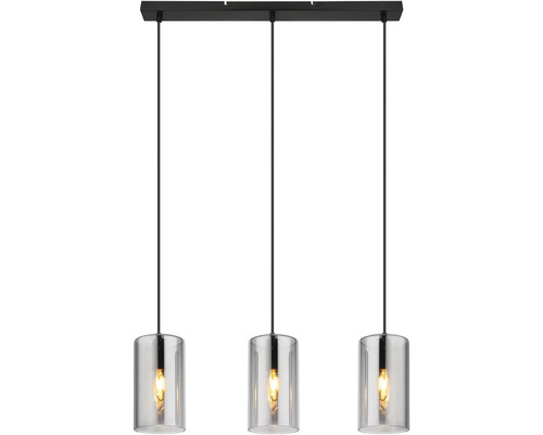 Závesné svietidlo s tromi lampami a cylindrickými sklenenými tienidlami