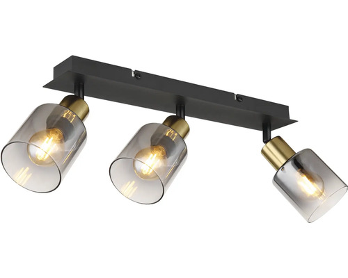 Stropné svietidlo s tromi reflektormi a sivými sklenenými tienidlami