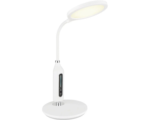Biela LED stolná lampa s okrúhlou hlavou a ovládacím panelom na základni.