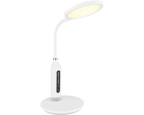 Biela LED stolná lampa s flexibilným ramenom a okrúhlou hlavou lampy