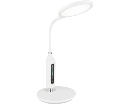 Biela LED stolná lampa s dotykovým ovládacím panelom a flexibilným krkom.