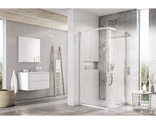 Sprchový kút s rohovým vstupom RAVAK BLSRV2-80 bright alu+Transparent Svetlá kúpeľňa so sprchou, umývadlovou skrinkou a rebríkom