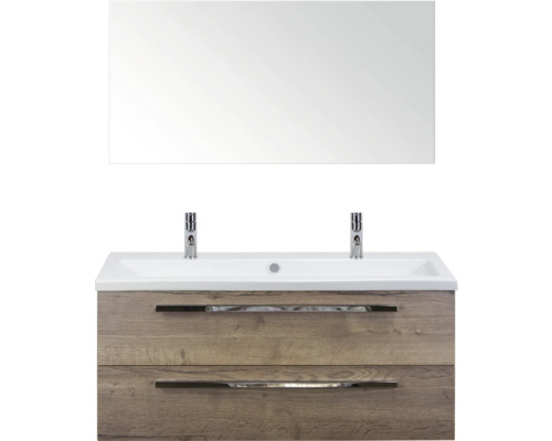 Skrinka pod umývadlo so zrkadlom, dvomi zásuvkami a umývadlom na dosku