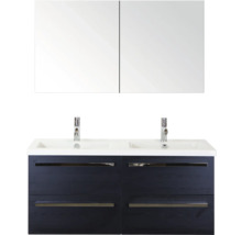 Umývadlová skrinka s dvomi umývadlami, spodnou skrinkou a zrkadlovou skrinkou do kúpeľne