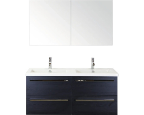 Umývadlová skrinka s dvomi umývadlami, spodnou skrinkou a zrkadlovou skrinkou do kúpeľne