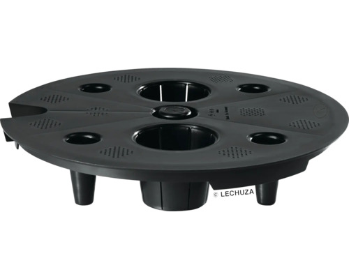 Čierny pestovateľský tanier Lechuza s niekoľkými otvormi pre rastliny.