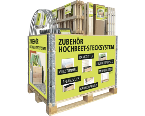 Príslušenstvo pre systém vyvýšených záhonov na palete s mriežkou na popínanie, netkaným tunelom, kovovou mriežkou a nadstavcom pre parenisko