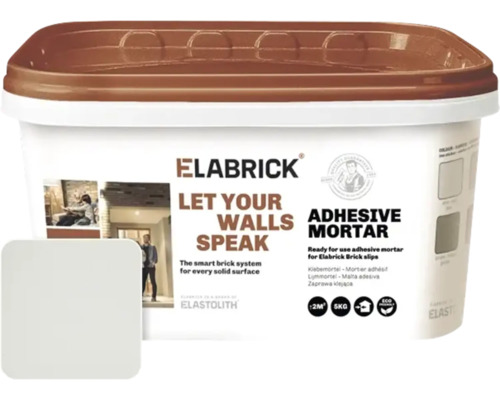 Špeciálne lepidlo na obklady Elastolith biele 5 kg Elabrick lepiaca malta vo vedre so vzorkou farby