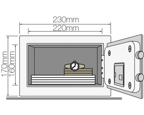 Ilustrácia trezoru s otvorenými dverami a rozmermi 230 mm krát 170 mm