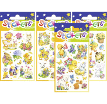 Niekoľko balení nálepiek s veľkonočnými motívmi, ako sú kuriatka, králiky a kvety