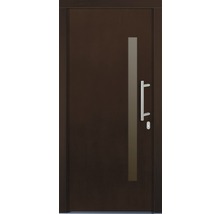 Hnedé vchodové dvere so sklenenou vložkou a nerezovou kľučkou