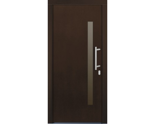 Hnedé vchodové dvere so sklenenou vložkou a nerezovou kľučkou
