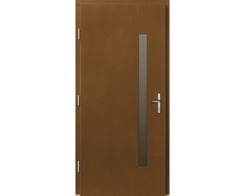 Hnedé vchodové dvere so sklenenou výplňou a striebornou kľučkou