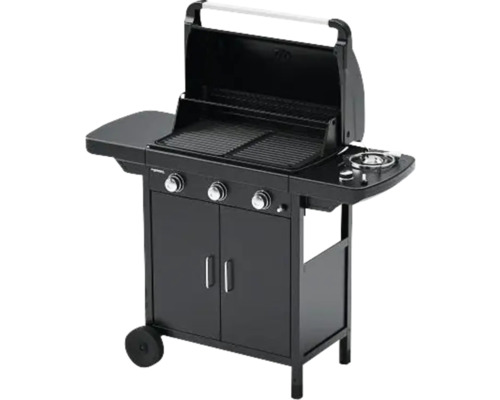 Čierny plynový gril s odkladacími plochami, grilovacou mriežkou a spodnou skrinkou
