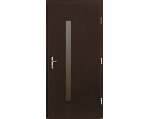 Hnedé vchodové dvere so sklenenou vložkou a madlom z nehrdzavejúcej ocele