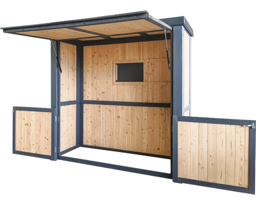 Predajný stánok z dreva s oknom a sklopnou strechou