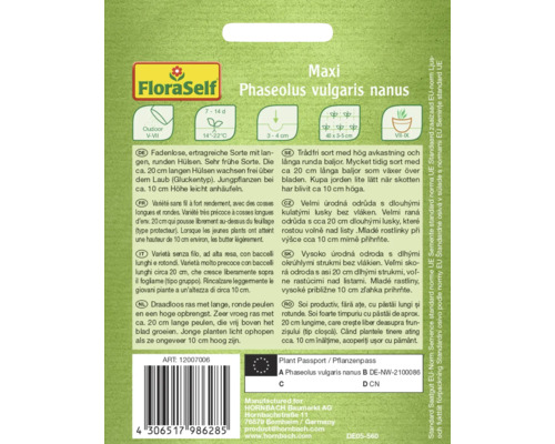 Balenie semien Phaseolus vulgaris nanus, veľmi skorá odroda s dlhými okrúhlymi strukmi pre vonkajšie pestovanie.