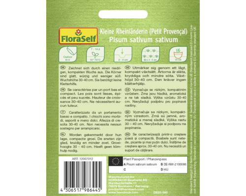 FloraSelf Semená Kleine Rheinländerin, Pisum sativum sativum