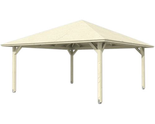 Štvorcový drevený pavilón so špicatou strechou