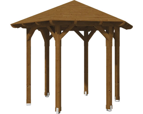 Drevený záhradný pavilón so šesťhrannou konštrukciou strechy