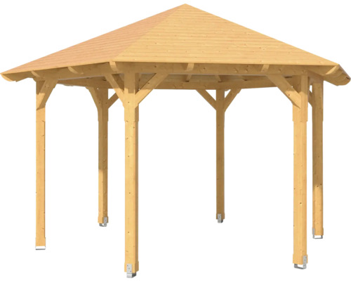 Drevený altánok so šesťhrannou strechou