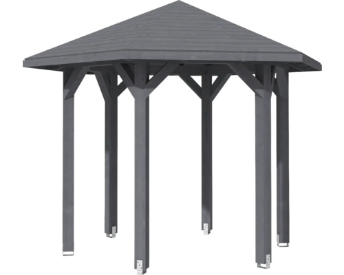 Drevený záhradný altánok so šesťhranným tvarom a špicatou strechou