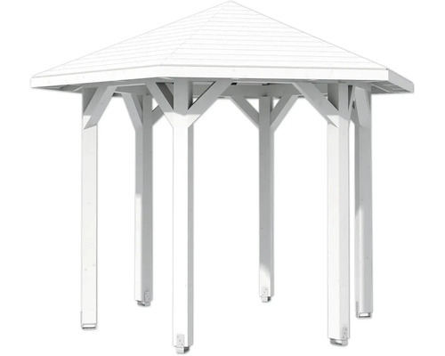 Biely altánok s drevenou konštrukciou a šesťhrannou strechou