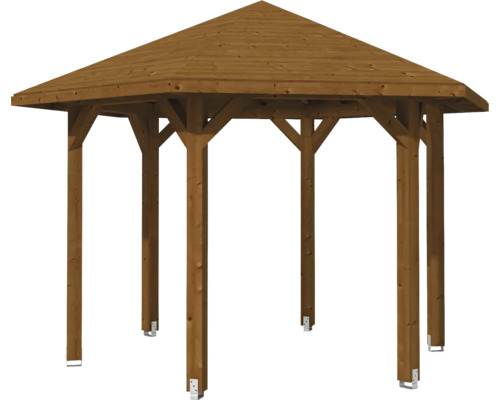 Drevený záhradný pavilón so šesťhrannou strechou a podpornými stĺpikmi