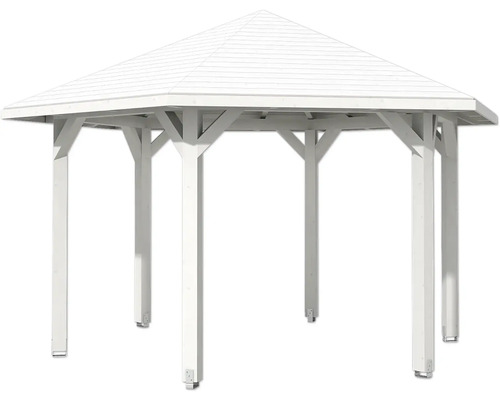 Biely záhradný altánok s drevenou konštrukciou a strechou