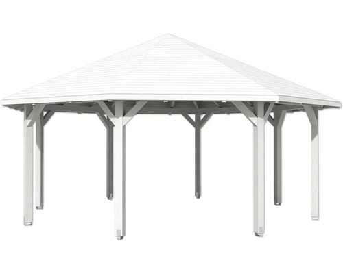 Voľne stojaci altánok s drevenou konštrukciou a šesťhrannou strechou