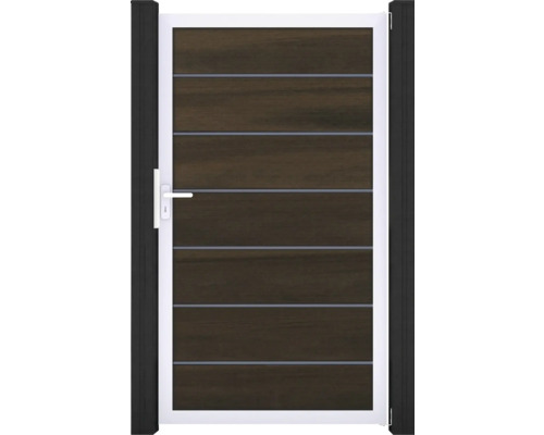 Záhradná bránka s dreveným vzhľadom a kovovým rámom