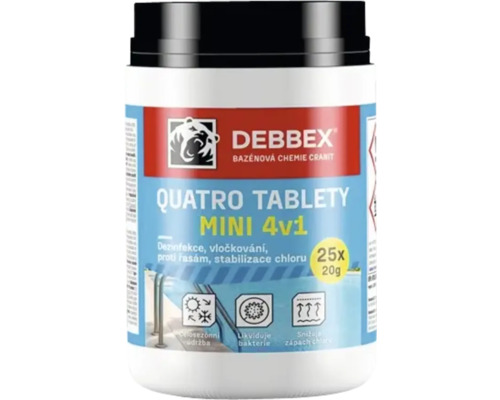 Bazénová chémia Cranit Quatro tablety MINI 4v1 500g Debbex Quatro tablety Mini 4 v 1, 25 kusov, 20 g, na dezinfekciu a stabilizáciu chlóru v bazénoch