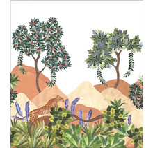 Ilustrácia krajiny so stromami, kopcami a leopardom