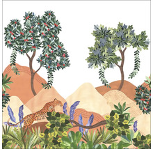 Ilustrácia krajiny so stromami, horami a leopardom