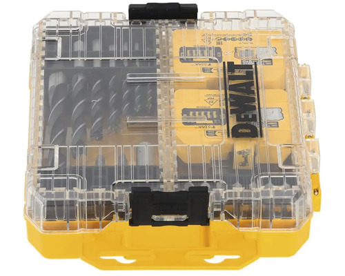 Sada vrtákov DeWalt v priehľadnom a žltom úložnom boxe