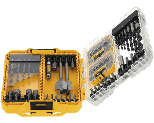 Sada vrtákov a bitov Dewalt v otvorenom žltom plastovom kufríku