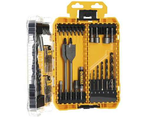 Sada vrtákov DeWalt s rôznymi typmi a veľkosťami vrtákov v žltom úložnom boxe