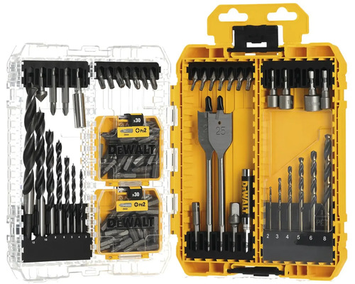 Sada vrtákov a skrutkovacích bitov DeWalt v priehľadnej a žltej úložnej krabici