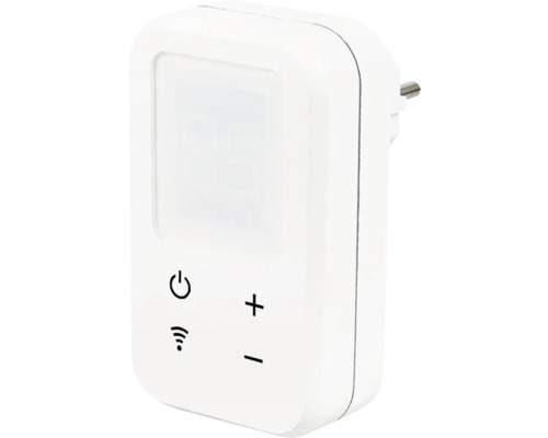 Biela zásuvka s vypínačom, symbolom WiFi a symbolom plus-mínus