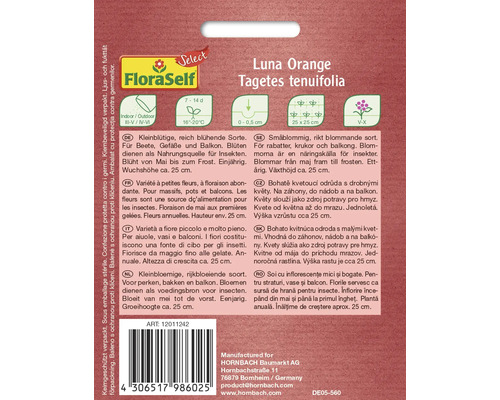 Informácie o balíčku semien Luna Orange Tagetes tenuifolia.