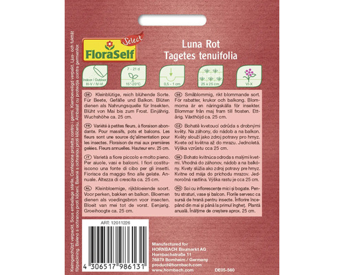 Balenie semien Tagetes tenuifolia Luna Rot s informáciami o pestovaní a vlastnostiach