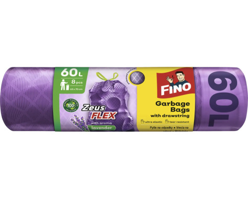 Vrecia na odpad Fino Zeus Aroma, sťahovacie 60l Fino Zeus Flex vrecia na odpadky s vôňou levandule, 60 litrov, 8 kusov