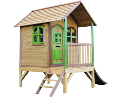 Drevený domček na hranie so šmykľavkou a schodmi