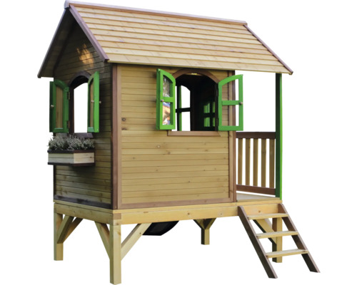 Drevený hrací domček s rebríkom a okenicami