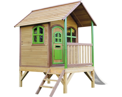 Drevený hrací domček s verandou, šmýkačkou a rebríkom