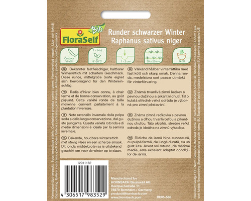 Balenie semien okrúhlej čiernej zimnej reďkovky odrody Raphanus sativus niger od FloraSelf Bio