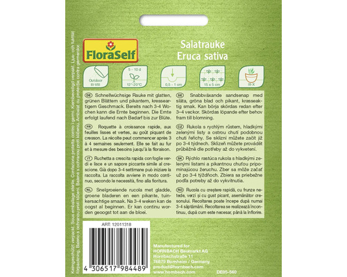Balíček semien rukoly od FloraSelf s informáciami o pestovaní a zbere