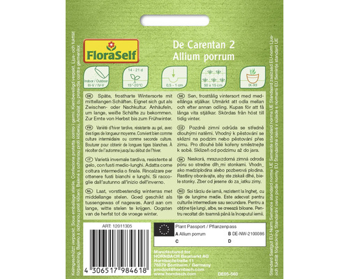 Balíček semien De Carentan 2 Allium porrum od FloraSelf pre neskorý, mrazuvzdorný zimný pór so stredne dlhými stonkami
