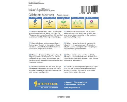Vrecúško semien Oklahoma Zmes Zinnia elegans s informáciami o výseve, hĺbke siatia, klíčivosti a vzdialenosti